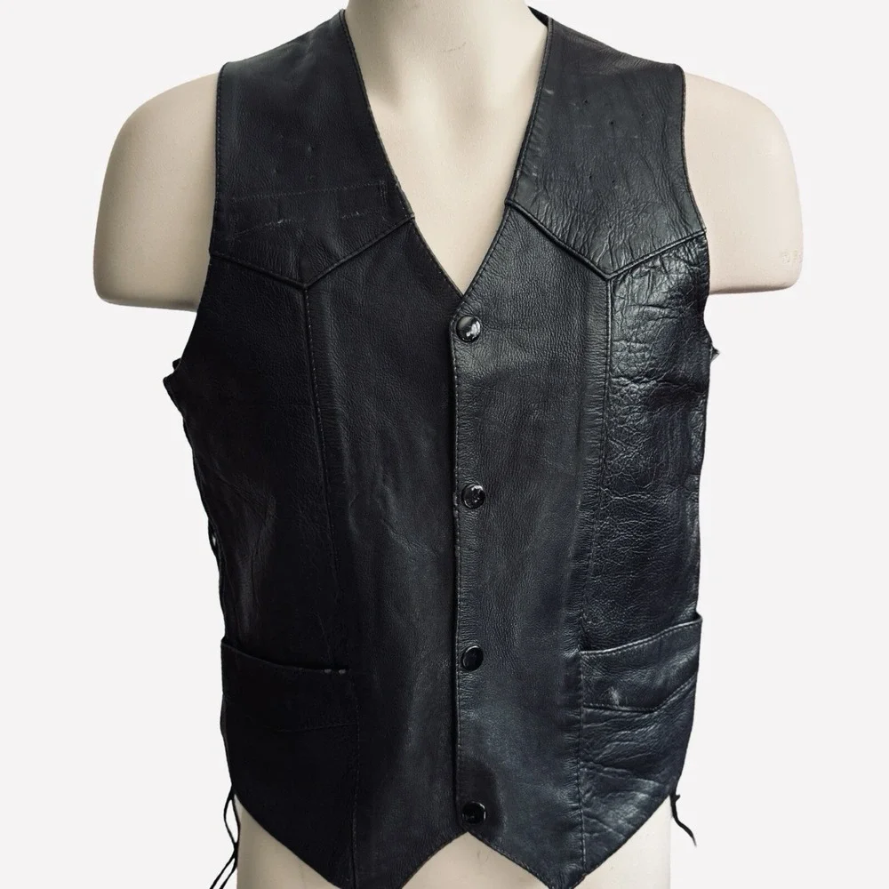 UNIK Leather Motorcycle Vest Men Sz 42 Snaps Lace-Up Sides Pockets Biker‎